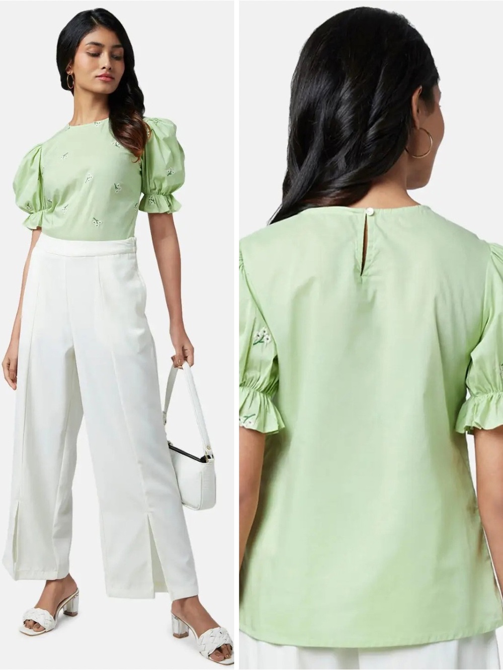 Honey Light Green Puff Sleeve Floral Top